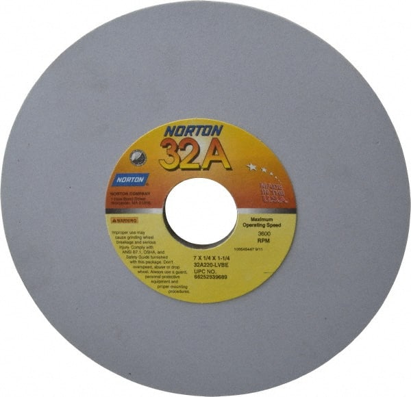 Norton - 7" Diam x 1-1/4" Hole x 1/4" Thick, L Hardness, 220 Grit Surface Grinding Wheel - Aluminum Oxide, Type 1, Very Fine Grade, 3,600 Max RPM, Vitrified Bond, No Recess - Exact Tooling
