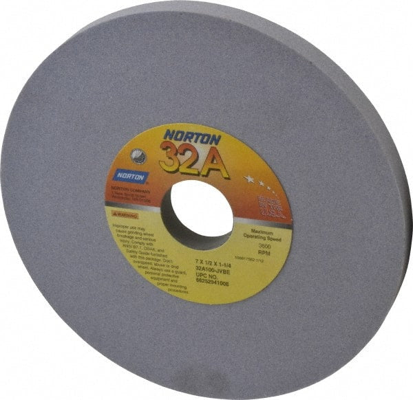 Norton - 7" Diam x 1-1/4" Hole x 1/2" Thick, J Hardness, 100 Grit Surface Grinding Wheel - Aluminum Oxide, Type 1, Fine Grade, 3,600 Max RPM, Vitrified Bond, No Recess - Exact Tooling