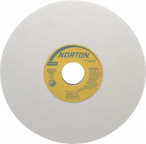 Norton - 8" Diam x 1-1/4" Hole x 1/4" Thick, I Hardness, 80 Grit Surface Grinding Wheel - Aluminum Oxide, Type 1, Medium Grade, 3,600 Max RPM, Vitrified Bond, No Recess - Exact Tooling
