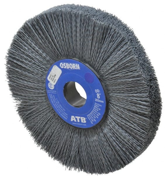 Osborn - 8" OD, 1-1/4" Arbor Hole, Crimped Nylon Wheel Brush - 1" Face Width, 2-1/4" Trim Length, 0.022" Filament Diam, 3,600 RPM - Exact Tooling