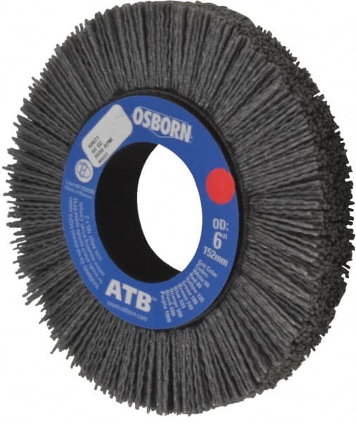 Osborn - 6" OD, 2" Arbor Hole, Crimped Nylon Wheel Brush - 1" Face Width, 1-1/4" Trim Length, 0.04" Filament Diam, 3,600 RPM - Exact Tooling