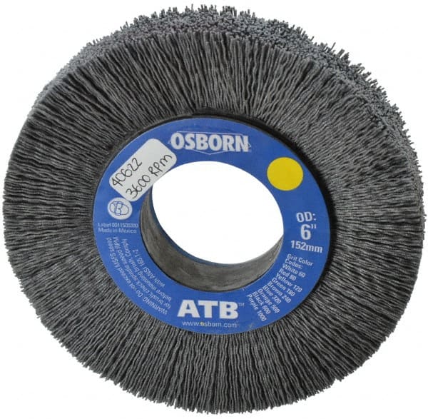 Osborn - 6" OD, 2" Arbor Hole, Crimped Nylon Wheel Brush - 1" Face Width, 1-1/4" Trim Length, 0.028" Filament Diam, 3,600 RPM - Exact Tooling