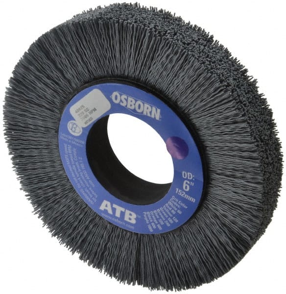 Osborn - 6" OD, 2" Arbor Hole, Crimped Nylon Wheel Brush - 1" Face Width, 1-1/4" Trim Length, 0.022" Filament Diam, 3,600 RPM - Exact Tooling