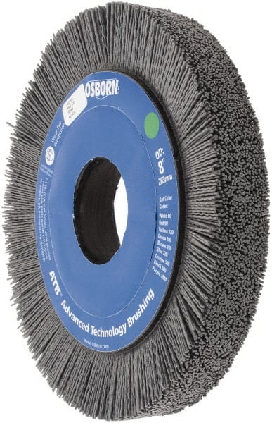 Osborn - 8" OD, 2" Arbor Hole, Crimped Nylon Wheel Brush - 1" Face Width, 1-1/4" Trim Length, 0.035" Filament Diam, 3,600 RPM - Exact Tooling