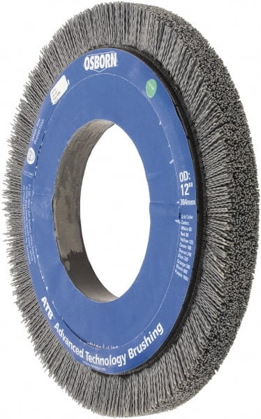 Osborn - 12" OD, 5-1/4" Arbor Hole, Crimped Nylon Wheel Brush - 1" Face Width, 1-1/4" Trim Length, 0.035" Filament Diam, 1,800 RPM - Exact Tooling