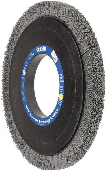 Osborn - 14" OD, 5-1/4" Arbor Hole, Crimped Nylon Wheel Brush - 1" Face Width, 1-1/4" Trim Length, 0.04" Filament Diam, 1,800 RPM - Exact Tooling