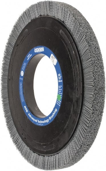 Osborn - 14" OD, 5-1/4" Arbor Hole, Crimped Nylon Wheel Brush - 1" Face Width, 1-1/4" Trim Length, 0.035" Filament Diam, 1,800 RPM - Exact Tooling