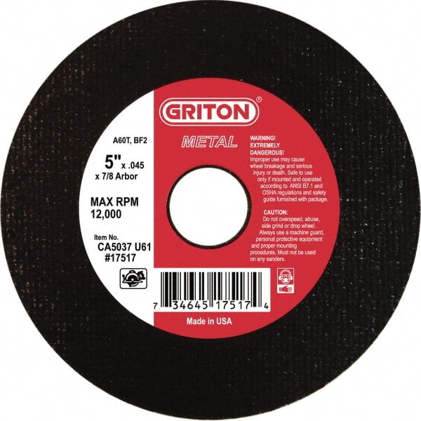 Made in USA - 5" 60 Grit Aluminum Oxide Cutoff Wheel - 0.045" Thick, 7/8" Arbor, 12,224 Max RPM, Use with Angle Grinders - Exact Tooling