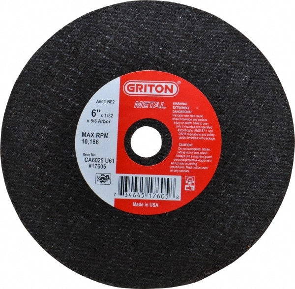 Value Collection - 6" 60 Grit Aluminum Oxide Cutoff Wheel - 1/32" Thick, 5/8" Arbor, 10,186 Max RPM, Use with Circular Saws - Exact Tooling