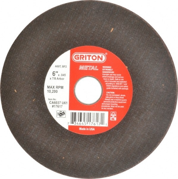 Made in USA - 6" 60 Grit Aluminum Oxide Cutoff Wheel - 0.045" Thick, 7/8" Arbor, 10,186 Max RPM, Use with Circular Saws - Exact Tooling