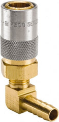 Parker - Nonthreaded Brass Hydraulic Hose Hose Barb Coupler & 90° Fitting - 200 psi, 6 GPM, 3/8" Hose Diam, Series Moldmate - Exact Tooling