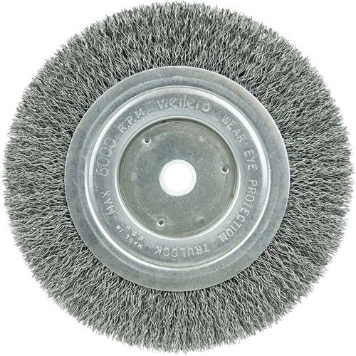 ‎6″ Narrow Face Crimped Wire Wheel, Short Trim, .014″ Steel Fill, 5/8″-1/2″ Arbor Hole - Exact Tooling