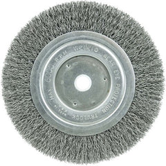 ‎6″ Narrow Face Crimped Wire Wheel, Short Trim, .014″ Steel Fill, 5/8″-1/2″ Arbor Hole - Exact Tooling