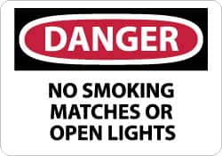 NMC - "Danger - No Smoking, Matches or Open Lights", 10" Long x 14" Wide, Rigid Plastic Safety Sign - Rectangle, 0.05" Thick, Use for Accident Prevention - Exact Tooling