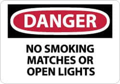 NMC - "Danger - No Smoking, Matches or Open Lights", 10" Long x 14" Wide, Rigid Plastic Safety Sign - Rectangle, 0.05" Thick, Use for Accident Prevention - Exact Tooling