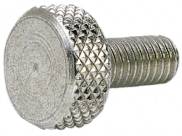 Electro Hardware - #10-32 Knurled Shoulderless Grade 1 & F Brass Thumb Screw - 9/16" OAL, 7/16" Head Diam x 3/16" Head Height, Nickel-Plated Finish - Exact Tooling