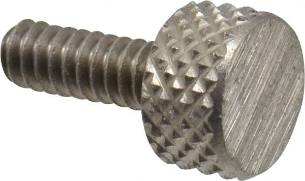 Electro Hardware - #6-32 Knurled Shoulderless Grade 303 Stainless Steel Thumb Screw - 9/16" OAL, 5/16" Head Diam x 3/16" Head Height, Uncoated - Exact Tooling