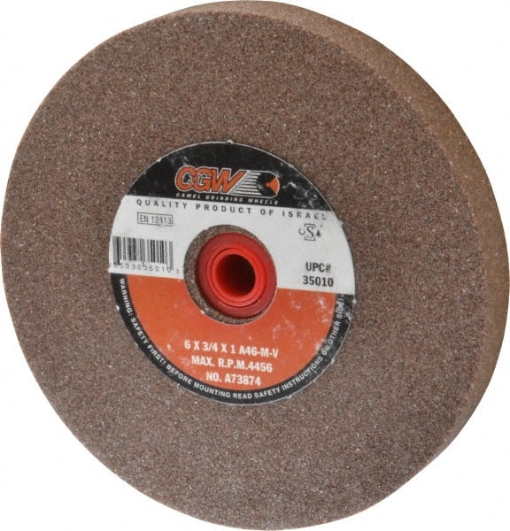 Camel Grinding Wheels - 46 Grit Aluminum Oxide Bench & Pedestal Grinding Wheel - 6" Diam x 1" Hole x 3/4" Thick, 4456 Max RPM, M Hardness, Coarse Grade , Vitrified Bond - Exact Tooling