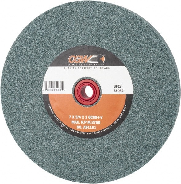 Camel Grinding Wheels - 80 Grit Silicon Carbide Bench & Pedestal Grinding Wheel - 7" Diam x 1" Hole x 3/4" Thick, 3760 Max RPM, I Hardness, Medium Grade , Vitrified Bond - Exact Tooling