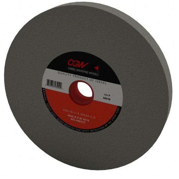 Camel Grinding Wheels - 60 Grit Silicon Carbide Bench & Pedestal Grinding Wheel - 10" Diam x 1-1/4" Hole x 1" Thick, 2483 Max RPM, I Hardness, Medium Grade , Vitrified Bond - Exact Tooling