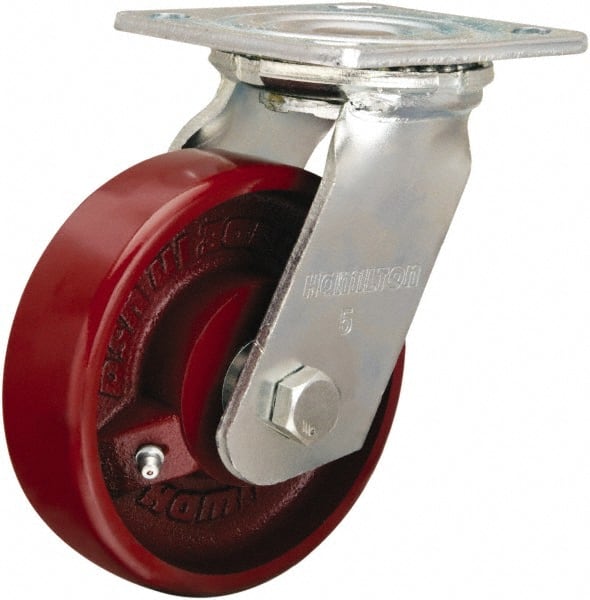 Hamilton - 5" Diam x 1-1/2" Wide x 6-1/8" OAH Top Plate Mount Swivel Caster - Cast Iron, 550 Lb Capacity, Straight Roller Bearing, 4 x 4-1/2" Plate - Exact Tooling