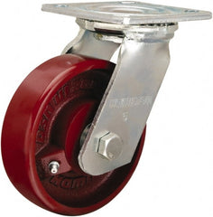 Hamilton - 5" Diam x 1-1/2" Wide x 6-1/8" OAH Top Plate Mount Swivel Caster - Cast Iron, 550 Lb Capacity, Straight Roller Bearing, 4 x 4-1/2" Plate - Exact Tooling