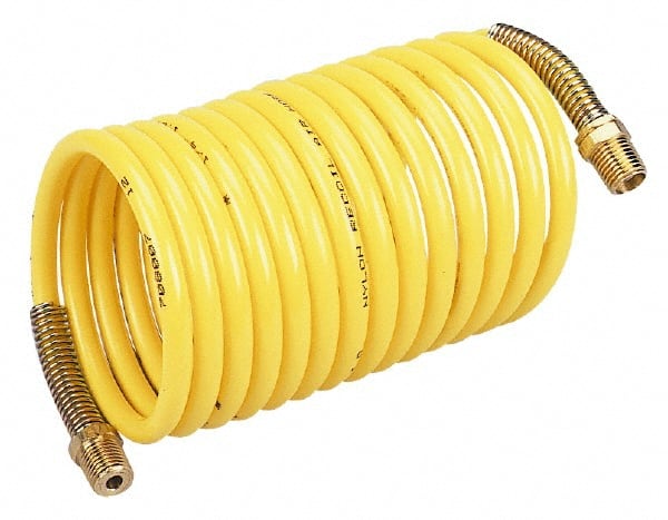 Coilhose Pneumatics - 1/4" ID, 1/4 Thread, 50' Long, Yellow Nylon Coiled & Self Storing Hose - 185 Max psi, Male Rigid x Male Swivel - Exact Tooling