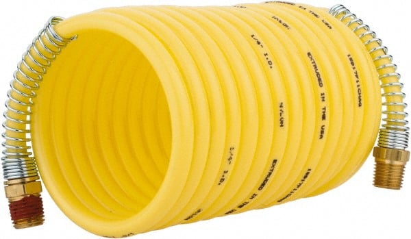 Coilhose Pneumatics - 1/4" ID, 1/4 Thread, 12' Long, Yellow Nylon Coiled & Self Storing Hose - 185 Max psi, Male Rigid x Male Swivel - Exact Tooling