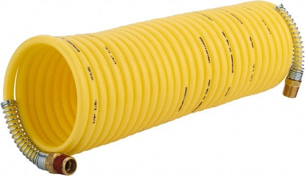 Coilhose Pneumatics - 1/4" ID, 1/4 Thread, 25' Long, Yellow Nylon Coiled & Self Storing Hose - 185 Max psi, Male Rigid x Male Swivel - Exact Tooling