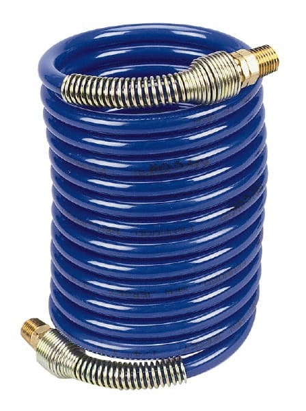 Coilhose Pneumatics - 1/4" ID, 1/4 Thread, 12' Long, Blue Nylon Coiled & Self Storing Hose - 220 Max psi, Male Swivel x Male Swivel - Exact Tooling