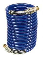 Coilhose Pneumatics - 1/4" ID, 1/4 Thread, 12' Long, Blue Nylon Coiled & Self Storing Hose - 220 Max psi, Male Swivel x Male Swivel - Exact Tooling