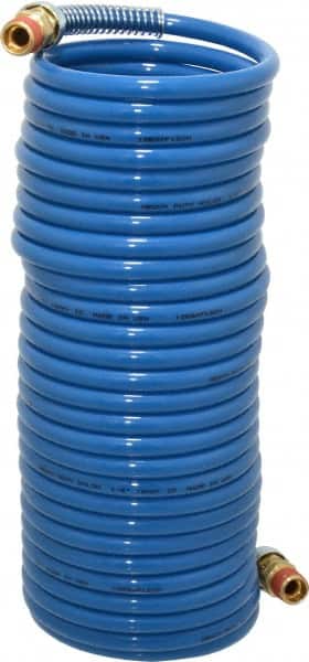 Coilhose Pneumatics - 1/4" ID, 1/4 Thread, 25' Long, Blue Nylon Coiled & Self Storing Hose - 220 Max psi, Male Swivel x Male Swivel - Exact Tooling