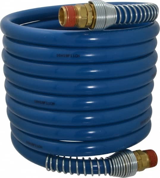 Coilhose Pneumatics - 3/8" ID, 3/8 Thread, 12' Long, Blue Nylon Coiled & Self Storing Hose - 230 Max psi, Male Swivel x Male Swivel - Exact Tooling