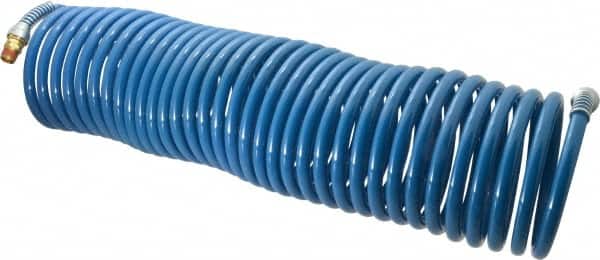 Coilhose Pneumatics - 3/8" ID, 3/8 Thread, 50' Long, Blue Nylon Coiled & Self Storing Hose - 230 Max psi, Male Swivel x Male Swivel - Exact Tooling