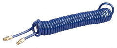 Coilhose Pneumatics - 1/4" ID, 1/4 Thread, 25' Long, Blue Polyurethane Coiled & Self Storing Hose - 125 Max psi, Male Swivel x Male Swivel - Exact Tooling