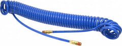 Coilhose Pneumatics - 1/4" ID, 1/4 Thread, 30' Long, Blue Polyurethane Coiled & Self Storing Hose - 125 Max psi, Male Swivel x Male Swivel - Exact Tooling