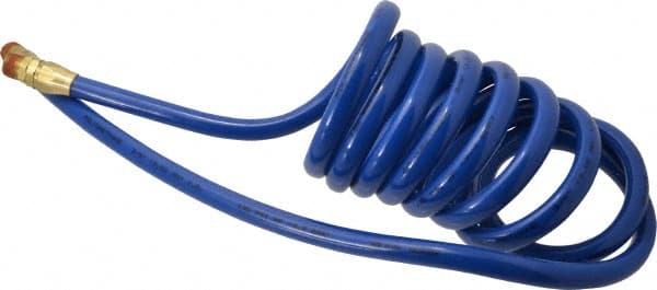 Coilhose Pneumatics - 3/8" ID, 3/8 Thread, 10' Long, Blue Polyurethane Coiled & Self Storing Hose - 115 Max psi, Male Swivel x Male Swivel - Exact Tooling