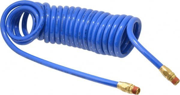 Coilhose Pneumatics - 3/8" ID, 3/8 Thread, 20' Long, Blue Polyurethane Coiled & Self Storing Hose - 115 Max psi, Male Swivel x Male Swivel - Exact Tooling