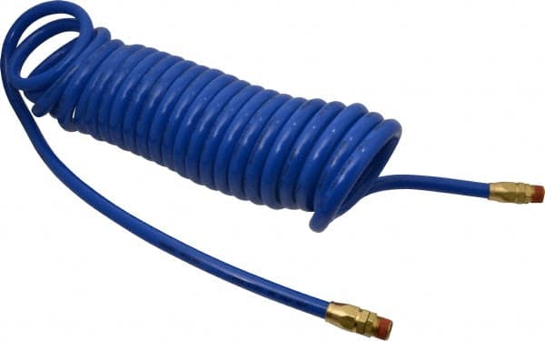 Coilhose Pneumatics - 3/8" ID, 3/8 Thread, 25' Long, Blue Polyurethane Coiled & Self Storing Hose - 115 Max psi, Male Swivel x Male Swivel - Exact Tooling
