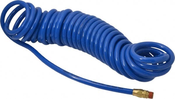 Coilhose Pneumatics - 3/8" ID, 3/8 Thread, 30' Long, Blue Polyurethane Coiled & Self Storing Hose - 115 Max psi, Male Swivel x Male Swivel - Exact Tooling