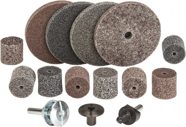 3M - 14 Piece Deburring Kit - 1 & 3" Diam Unitized Wheels in Fine, Medium & Coarse Grades, 1/4" Inch Shank Diam, Aluminum Oxide, Silicon Carbide, Mandrel Connection, Shank Included - Exact Tooling