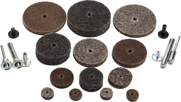 3M - 30 Piece Deburring Kit - 1/2, 1, 1-1/2 & 2" Diam Unitized Wheels in Fine, Medium & Coarse Grades, 1/8 & 1/4" Shank Diam, Aluminum Oxide & Silicon Carbide - Exact Tooling
