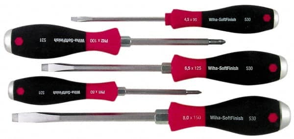 Wiha - 5 Piece Phillips & Slotted Screwdriver Set - Round Shank, Ergonomic Handle - Exact Tooling