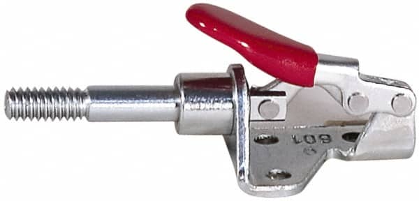 De-Sta-Co - 300 Lb Load Capacity, Flanged Base, Carbon Steel, Standard Straight Line Action Clamp - 4 Mounting Holes, 0.22" Mounting Hole Diam, 0.44" Plunger Diam, Straight Handle - Exact Tooling