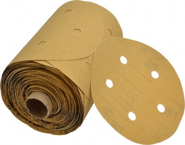 3M - 5" Diam, 180 Grit FEPA, Aluminum Oxide Adhesive PSA Disc - Very Fine Grade, Gold, A Weighted Backing, Flexible, Use with Random Orbital Sanders - Exact Tooling