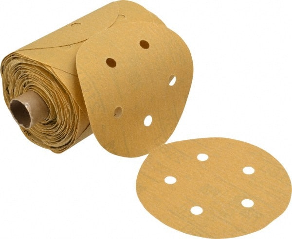 3M - 5" Diam, 120 Grit FEPA, Aluminum Oxide Adhesive PSA Disc - Fine Grade, Gold, A Weighted Backing, Flexible, Use with Random Orbital Sanders - Exact Tooling