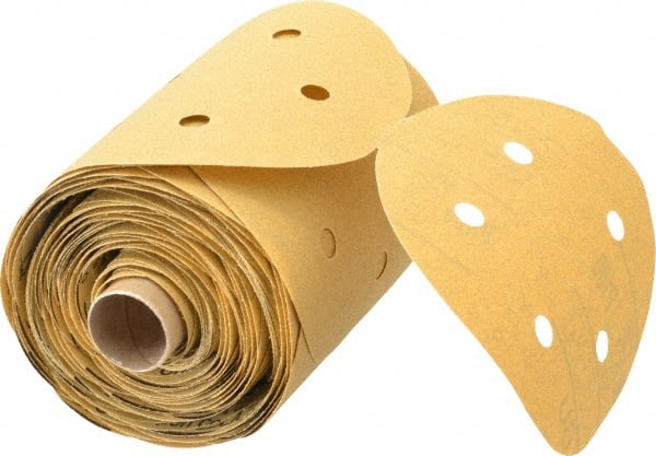 3M - 5" Diam, 100 Grit FEPA, Aluminum Oxide Adhesive PSA Disc - Fine Grade, Gold, A Weighted Backing, Flexible, Use with Random Orbital Sanders - Exact Tooling