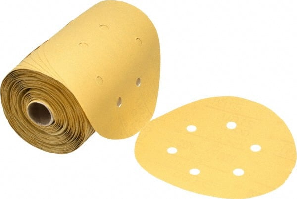 3M - 6" Diam, 220 Grit FEPA, Aluminum Oxide Adhesive PSA Disc - Very Fine Grade, Gold, A Weighted Backing, Flexible, Use with Random Orbital Sanders - Exact Tooling