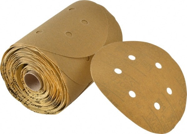 3M - 6" Diam, 100 Grit FEPA, Aluminum Oxide Adhesive PSA Disc - Fine Grade, Gold, A Weighted Backing, Flexible, Use with Random Orbital Sanders - Exact Tooling