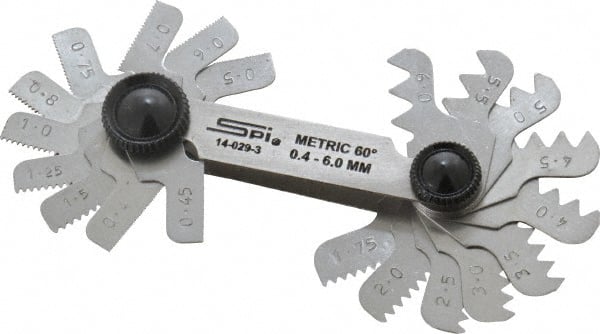 SPI - 20 Leaf, 0.4 to 6mm Pitch Range, Steel Screw Pitch Gage - 60° Thread Angle - Exact Tooling